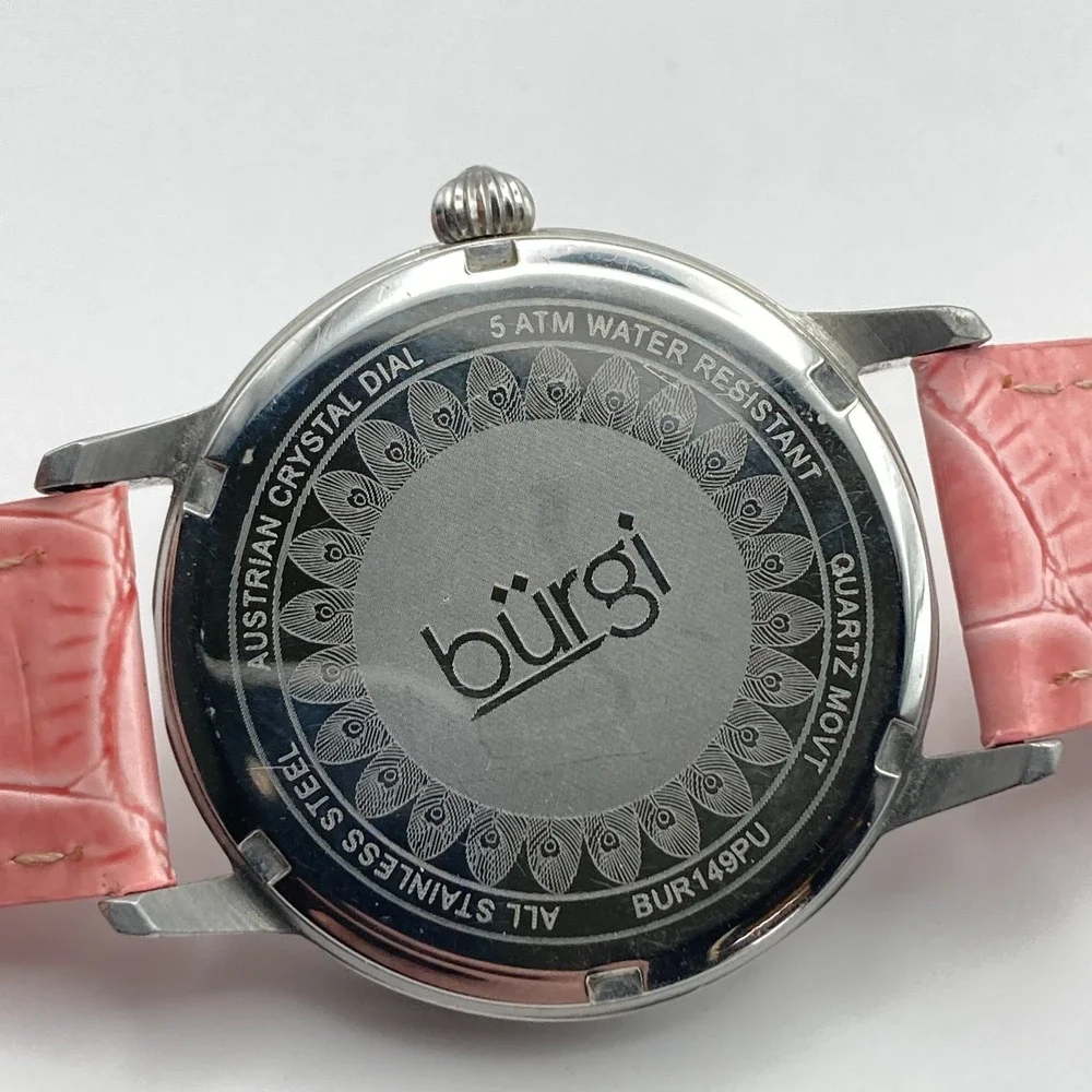 Burgi Women's Watch 36mm Silver Tone MOP Peacock Rainbow Crystals New Battery